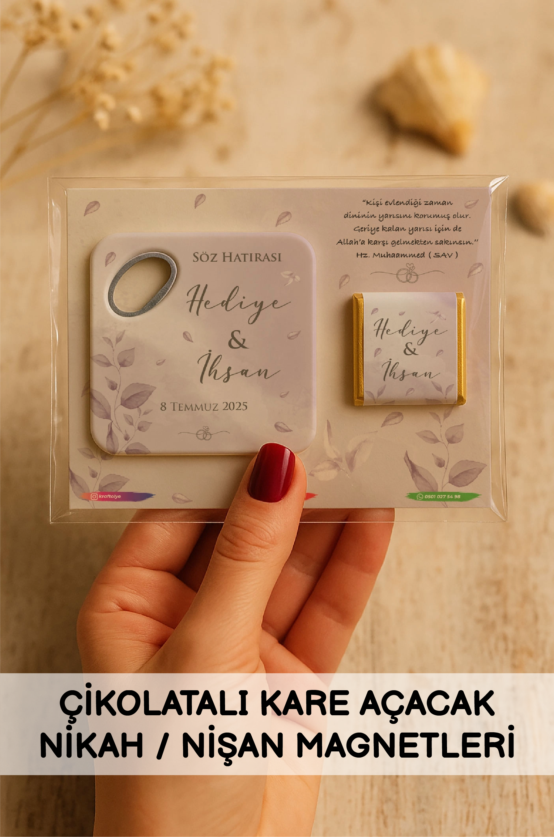 Çikolatalı Kare Açacak Nikah Nişan Magnetleri