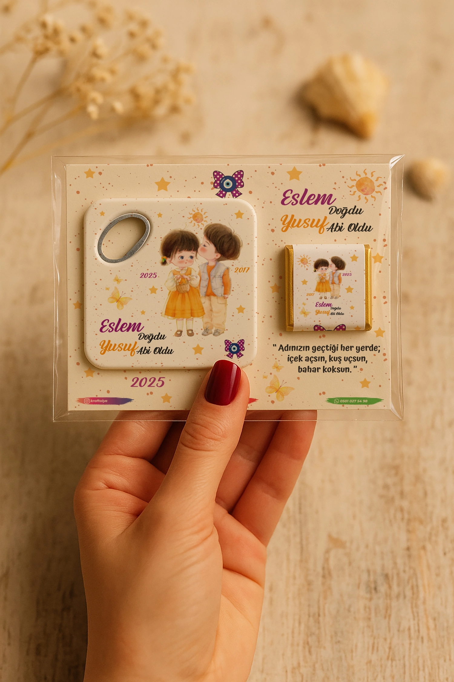 Abi Kız Kardeş Temalı Çikolatalı Kare Açacak Magnet