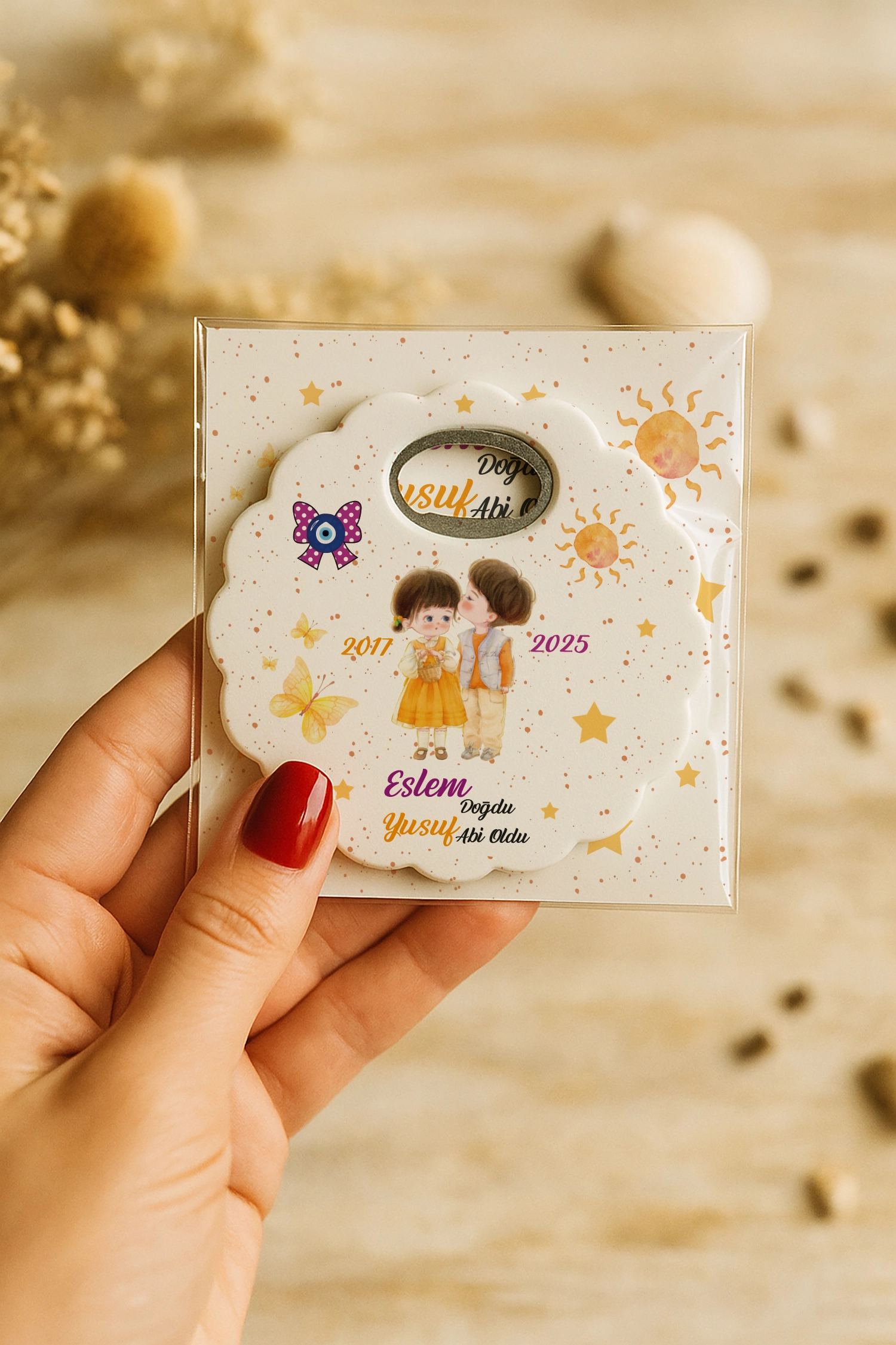 Abi Kız Kardeş Temalı Kartlı Papatya Açacak Magnet