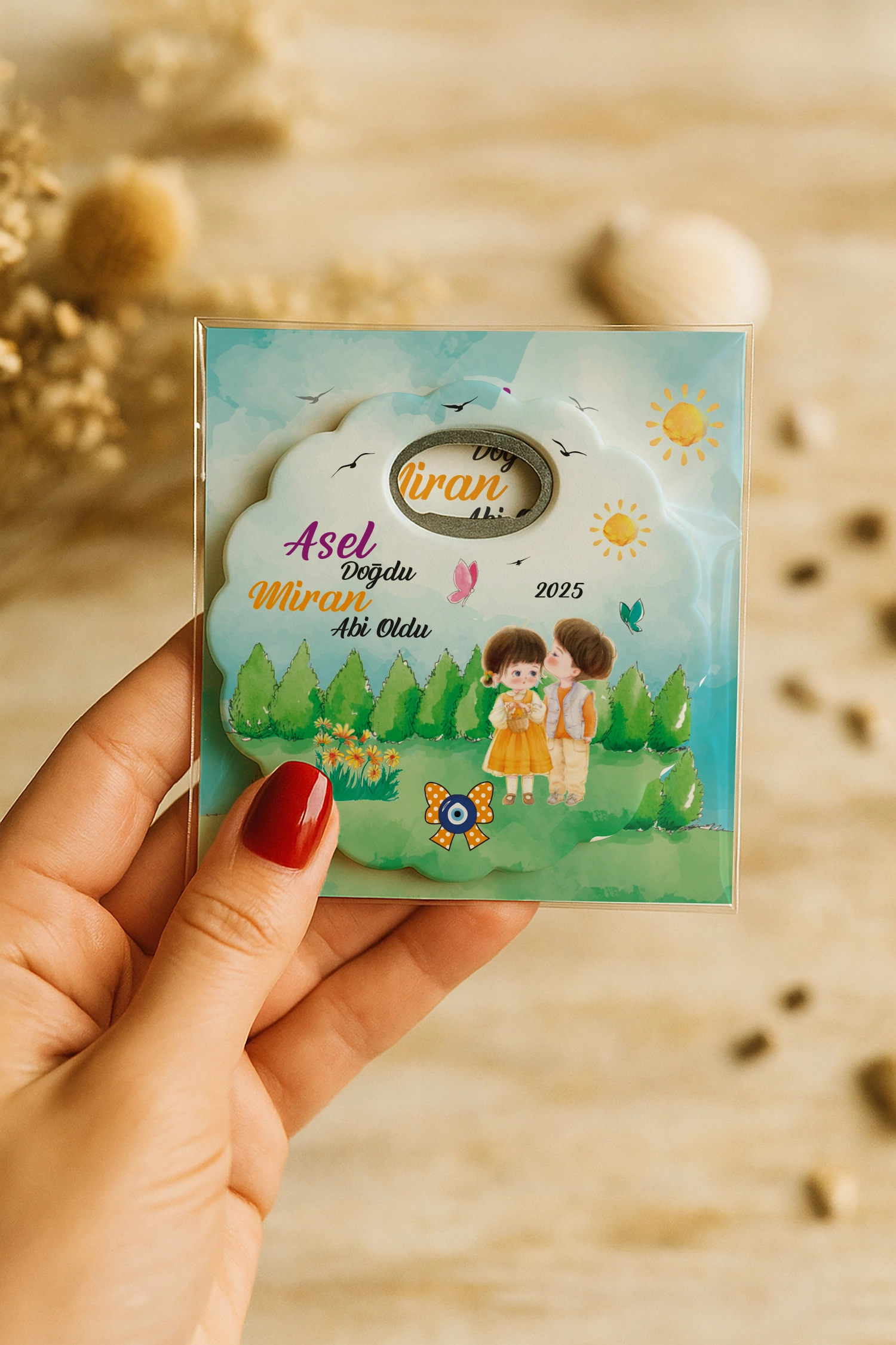 Abi Kız Kardeş Temalı Kartlı Papatya Açacak Magnet