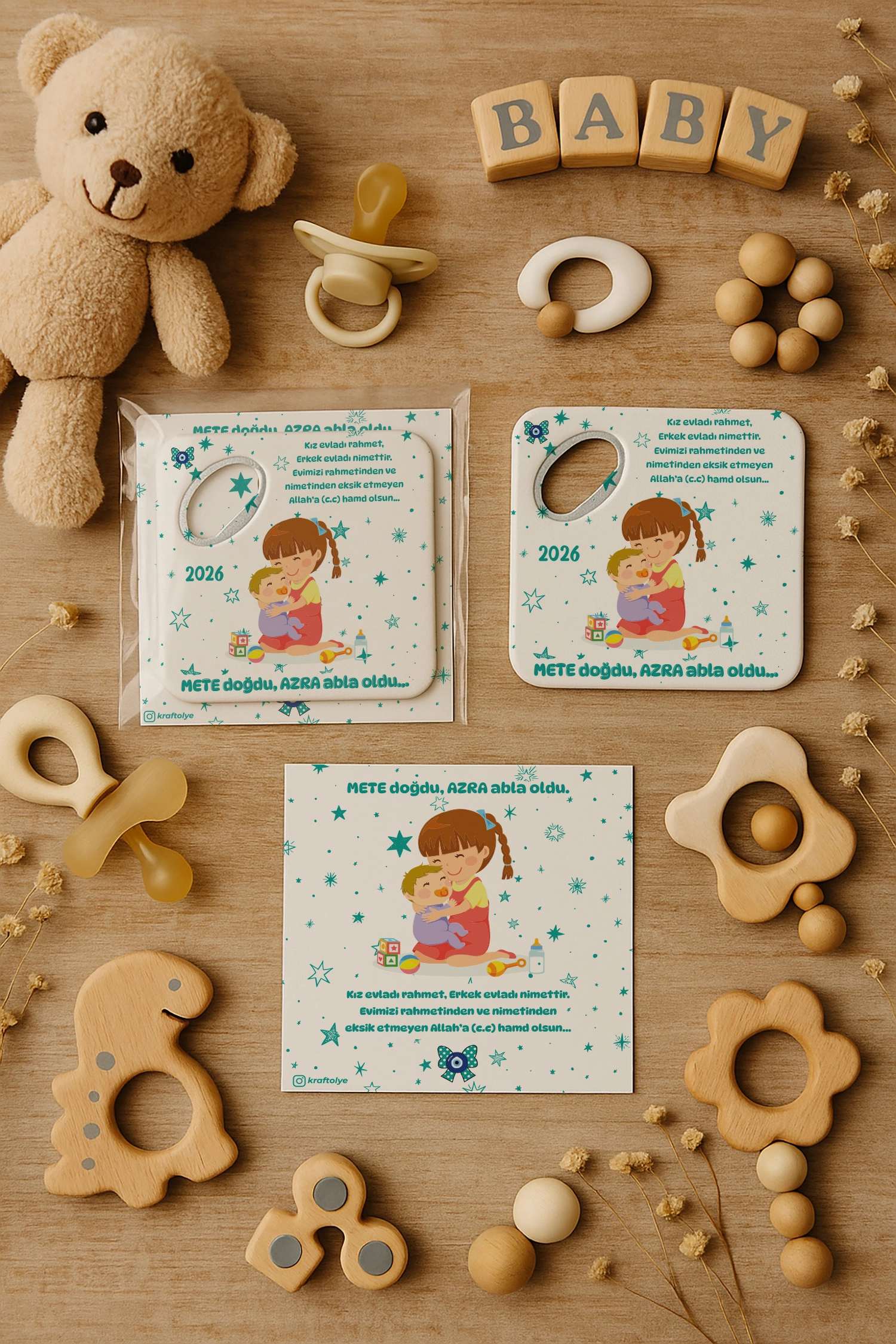 Abla Erkek Kardeş Temalı Kartlı Kare Açacak Magnet