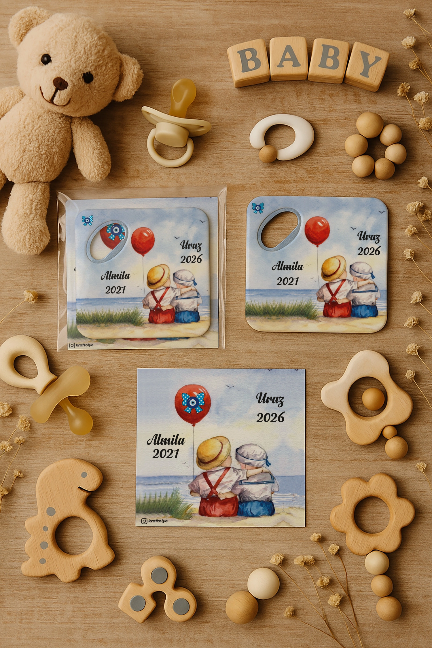 Abla Erkek Kardeş Temalı Kartlı Kare Açacak Magnet