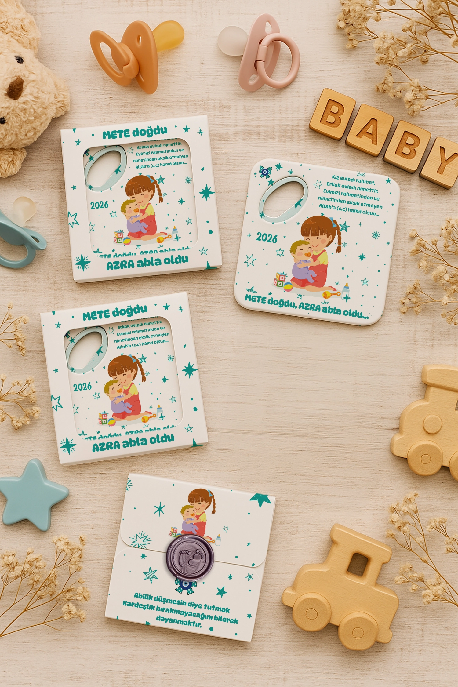 Abla Erkek Kardeş Temalı Mühürlü Kare Açacak Magnet