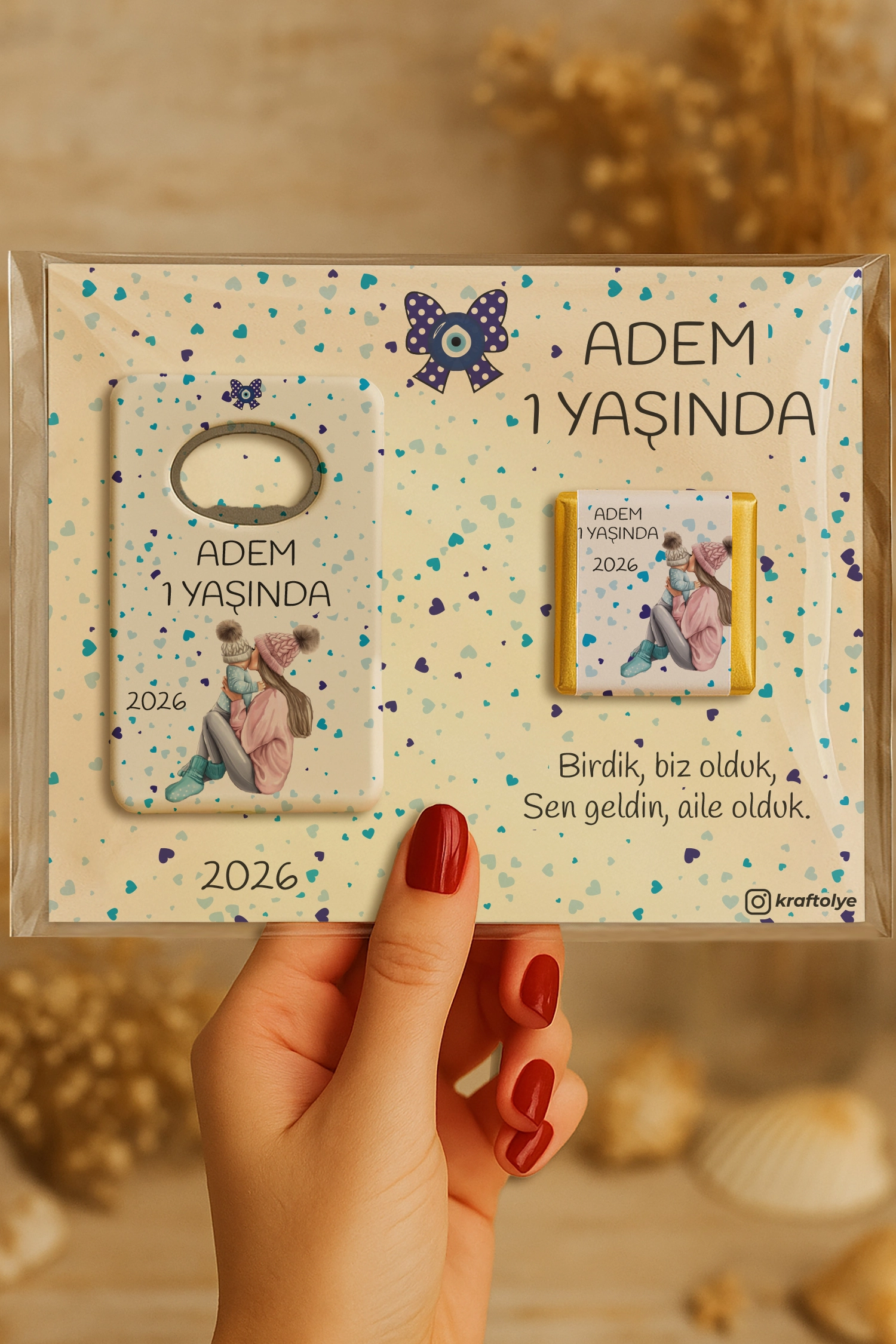 Anne Bebek Temalı Çikolatalı Dikdörtgen Açacak Magnet