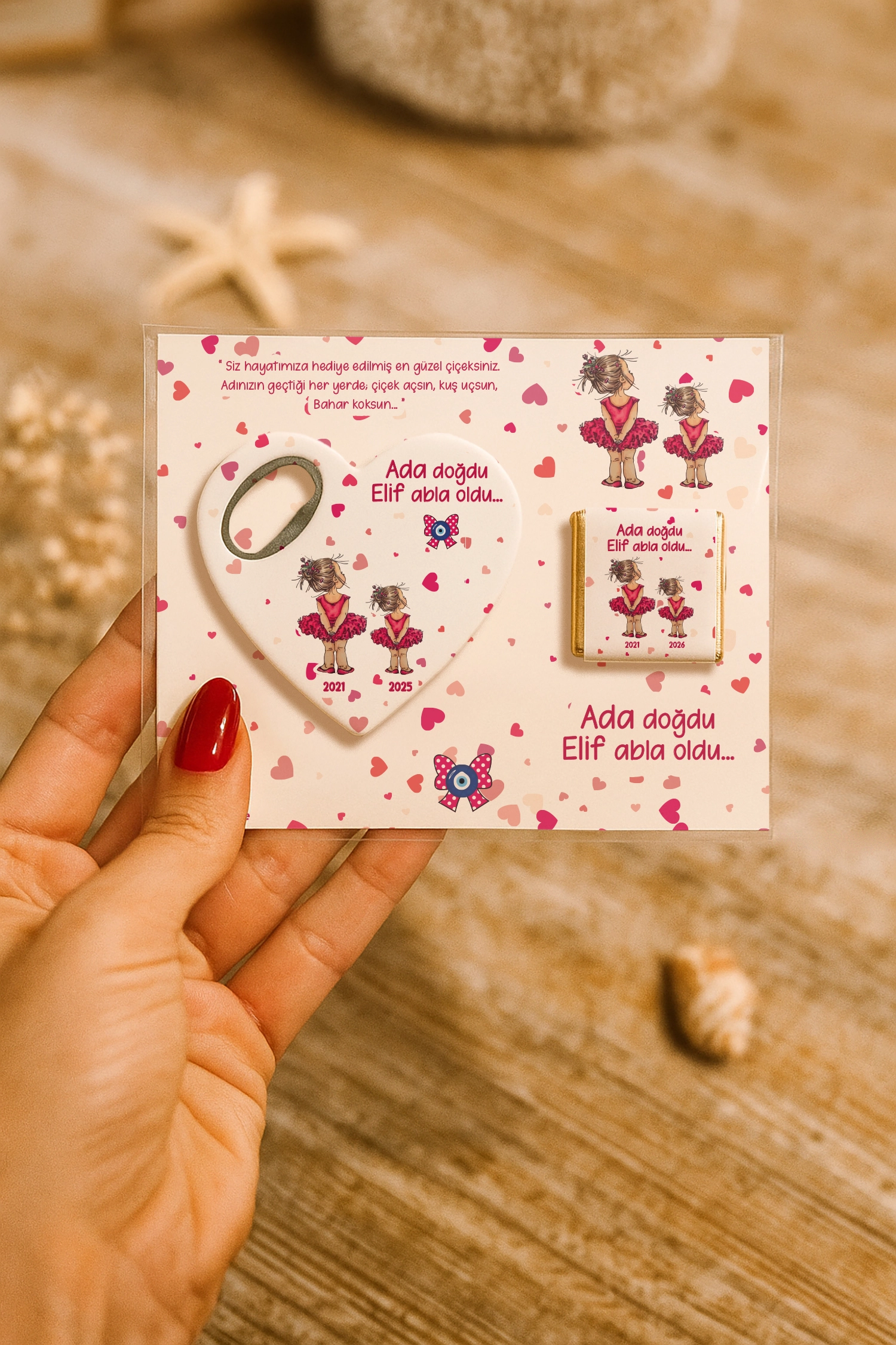 Abla Kız Kardeş Temalı Çikolatalı Kalp Açacak Magnet