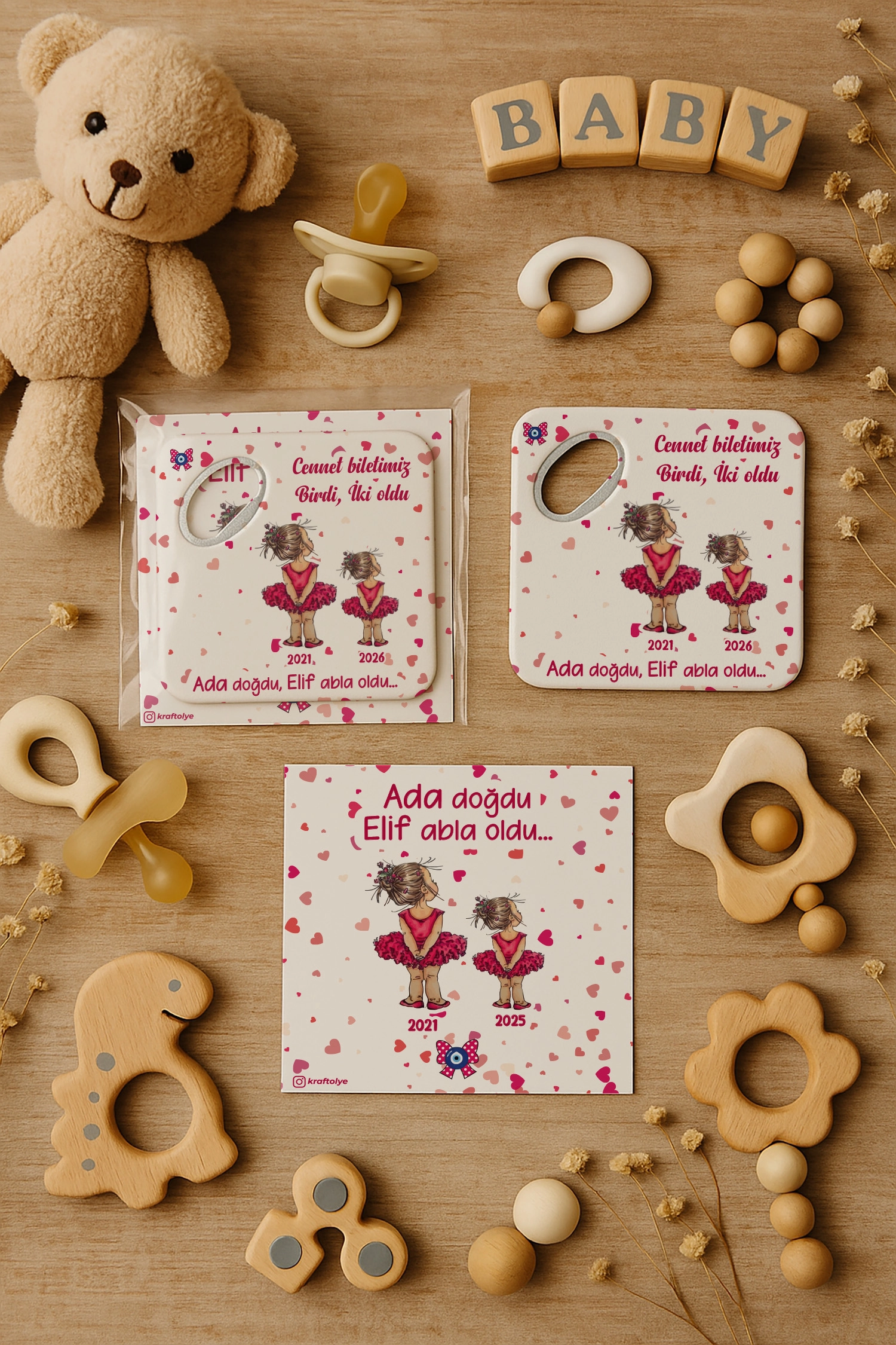 Abla Kız Kardeş Temalı Kartlı Kare Açacak Magnet