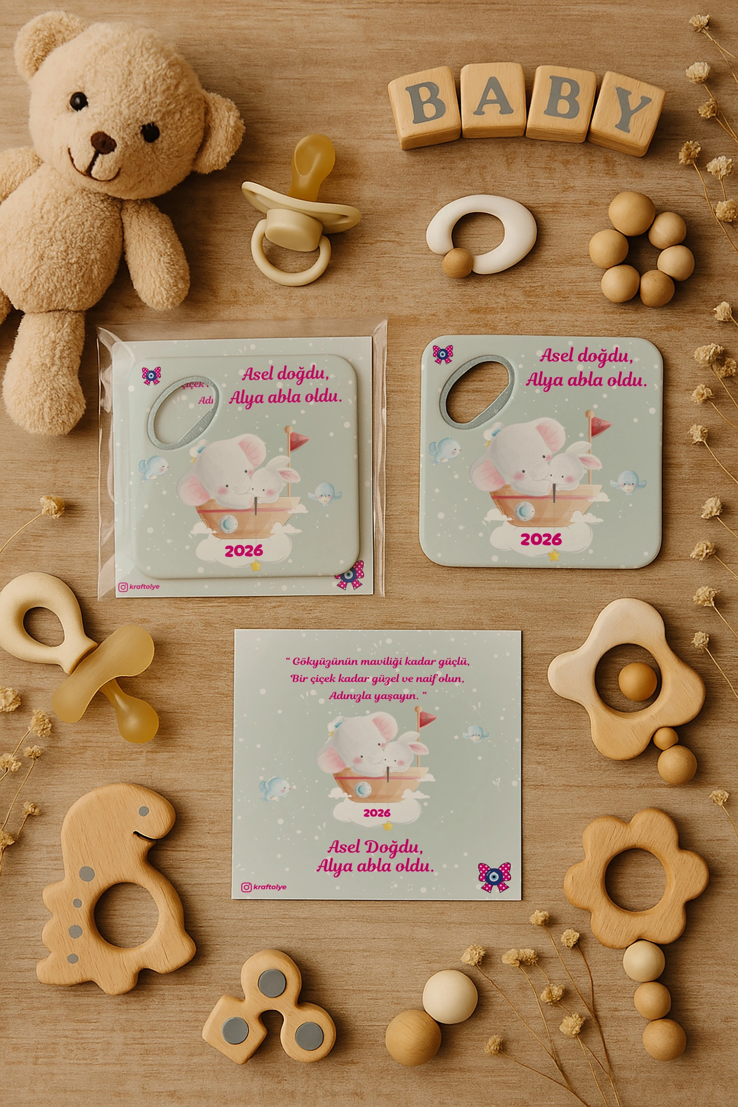 Abla Kız Kardeş Temalı Kartlı Kare Açacak Magnet