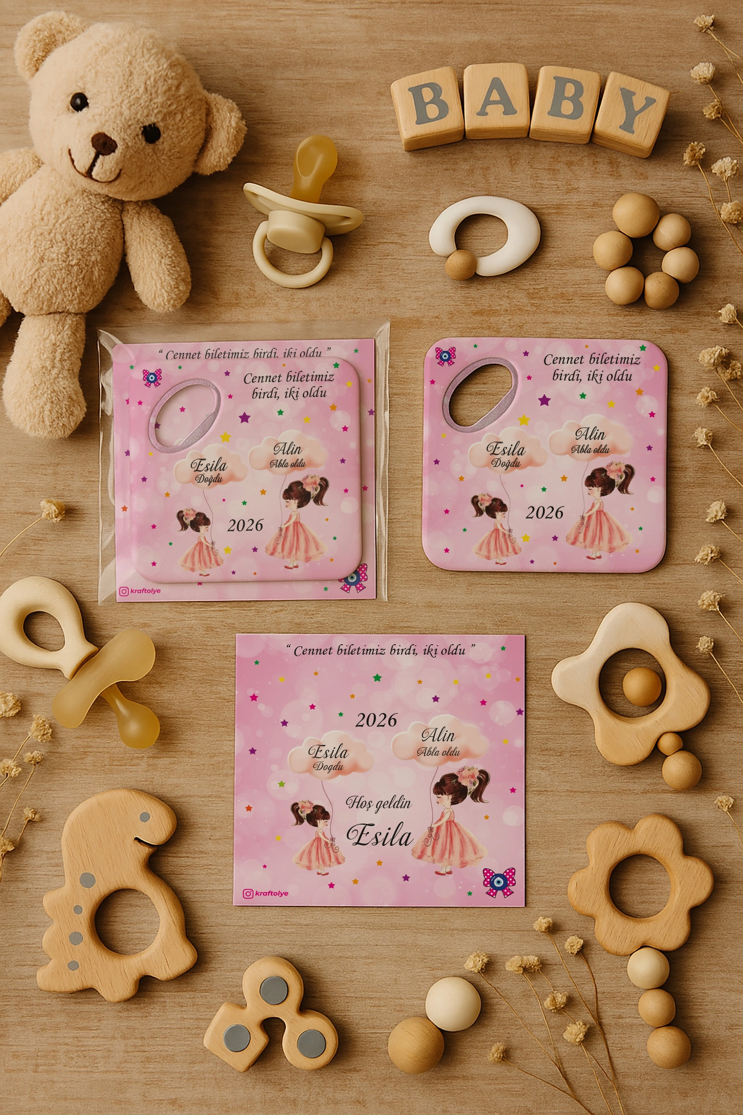 Abla Kız Kardeş Temalı Kartlı Kare Açacak Magnet