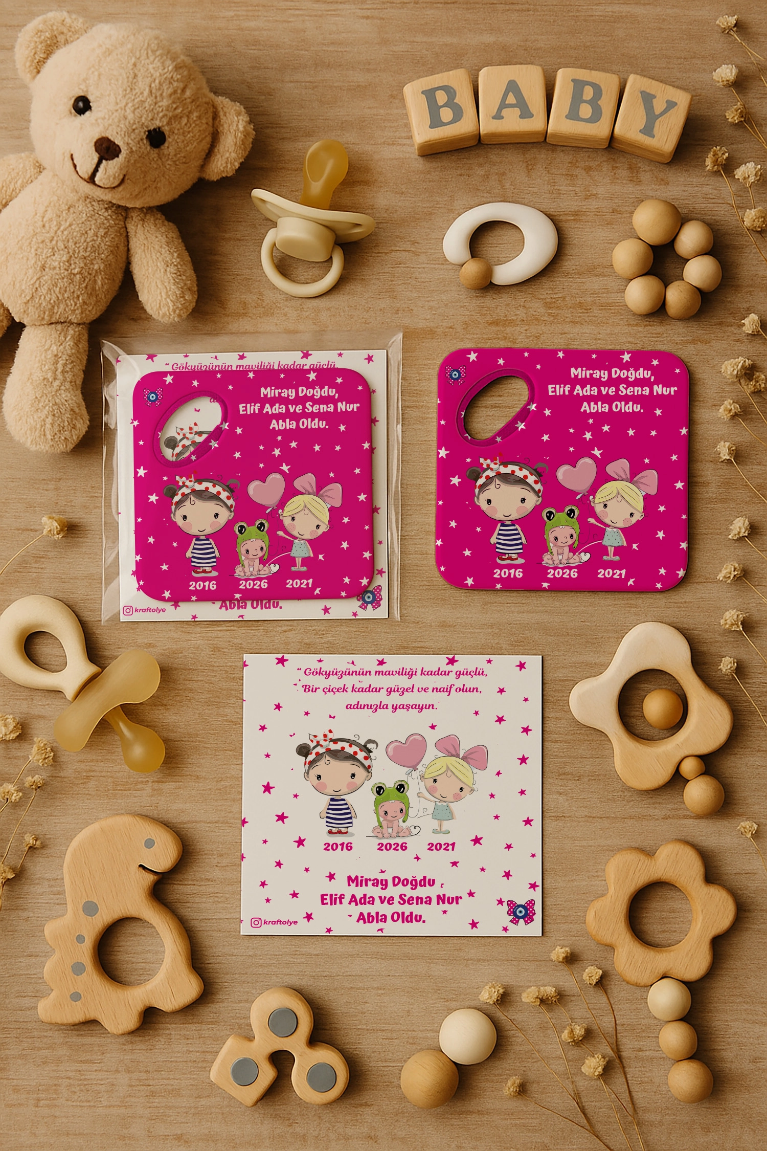 Abla Kız Kardeş Temalı Kartlı Kare Açacak Magnet