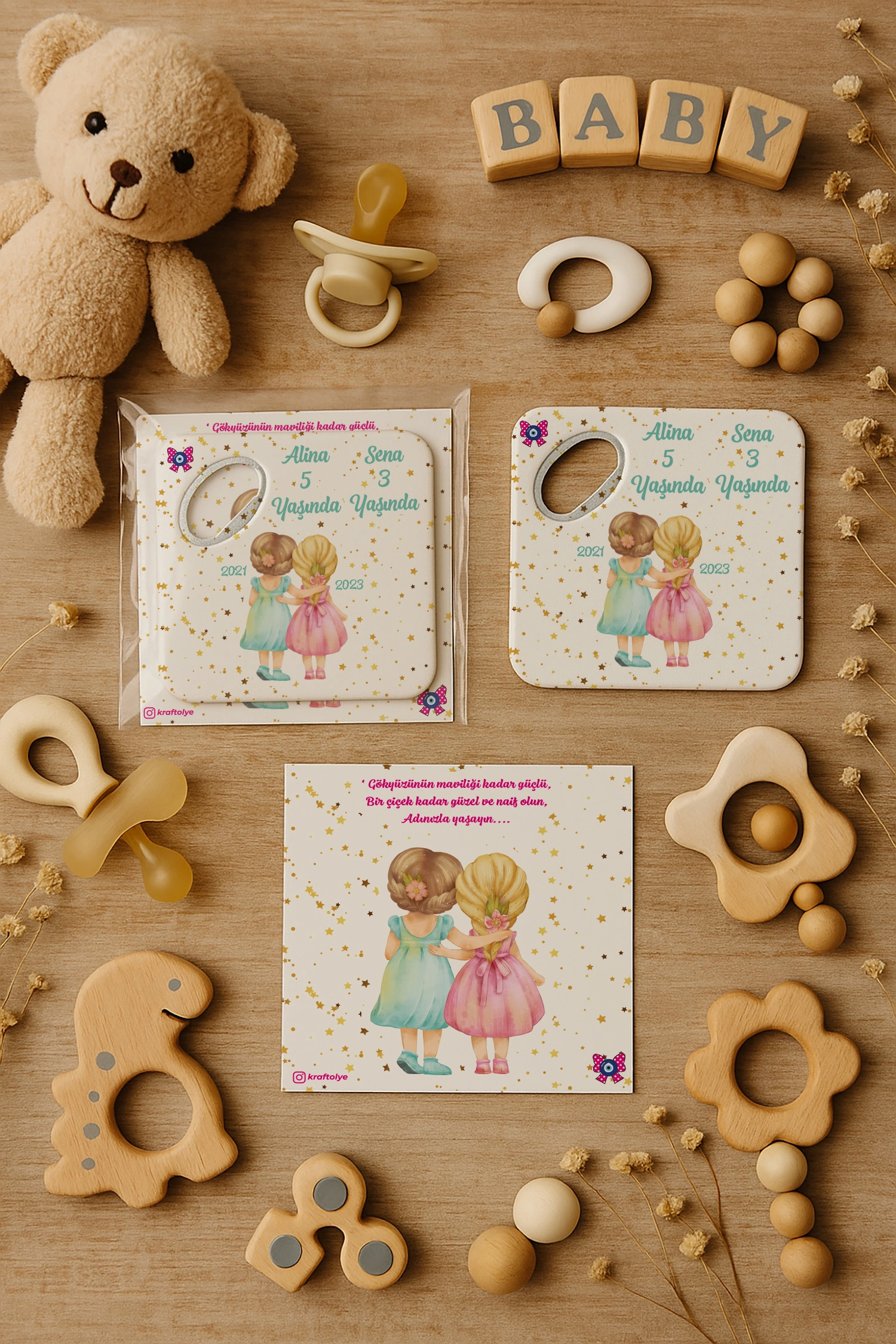 Abla Kız Kardeş Temalı Kartlı Kare Açacak Magnet