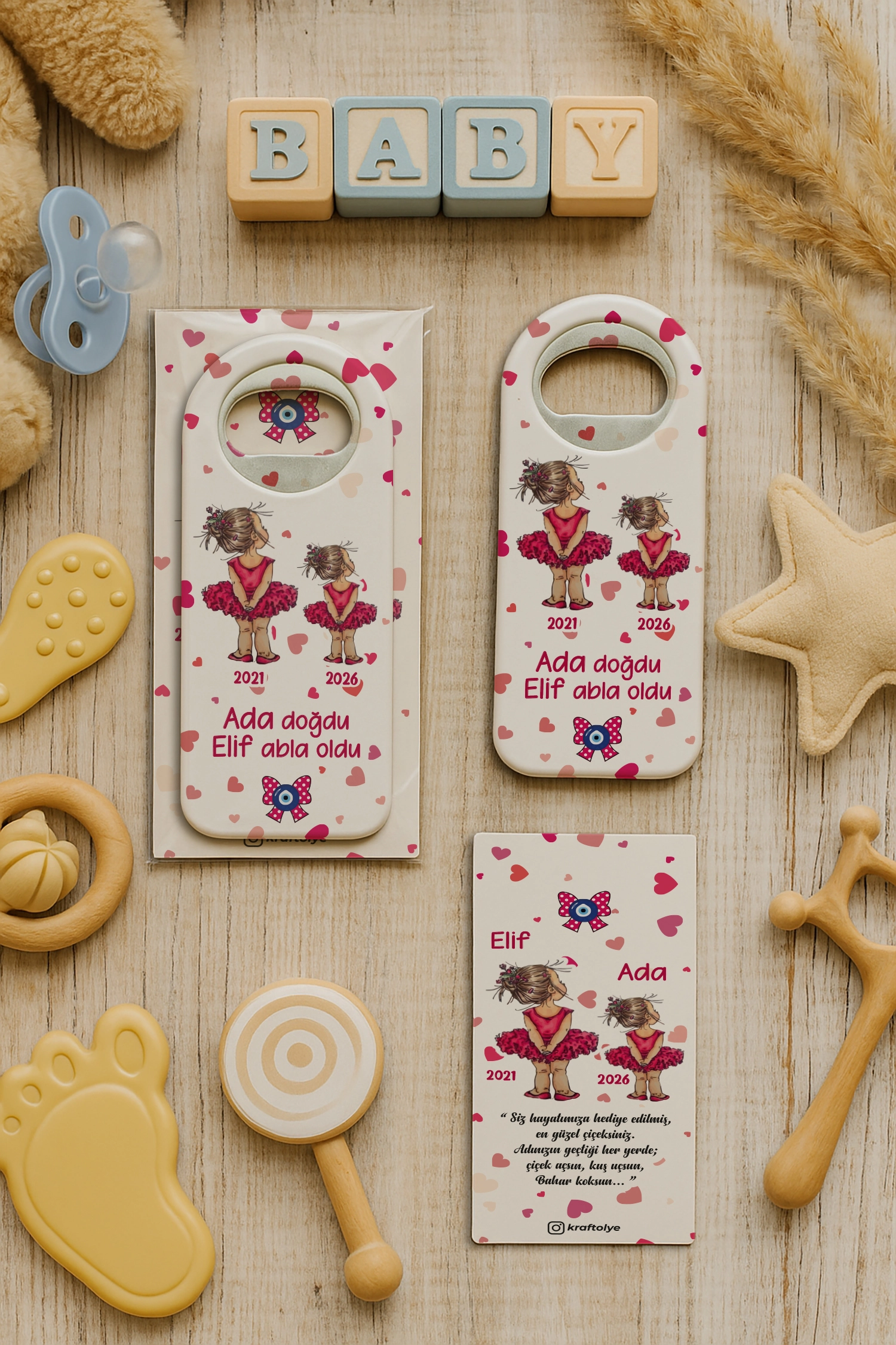 Abla Kız Kardeş Temalı Kartlı Uzun Açacak Magnet