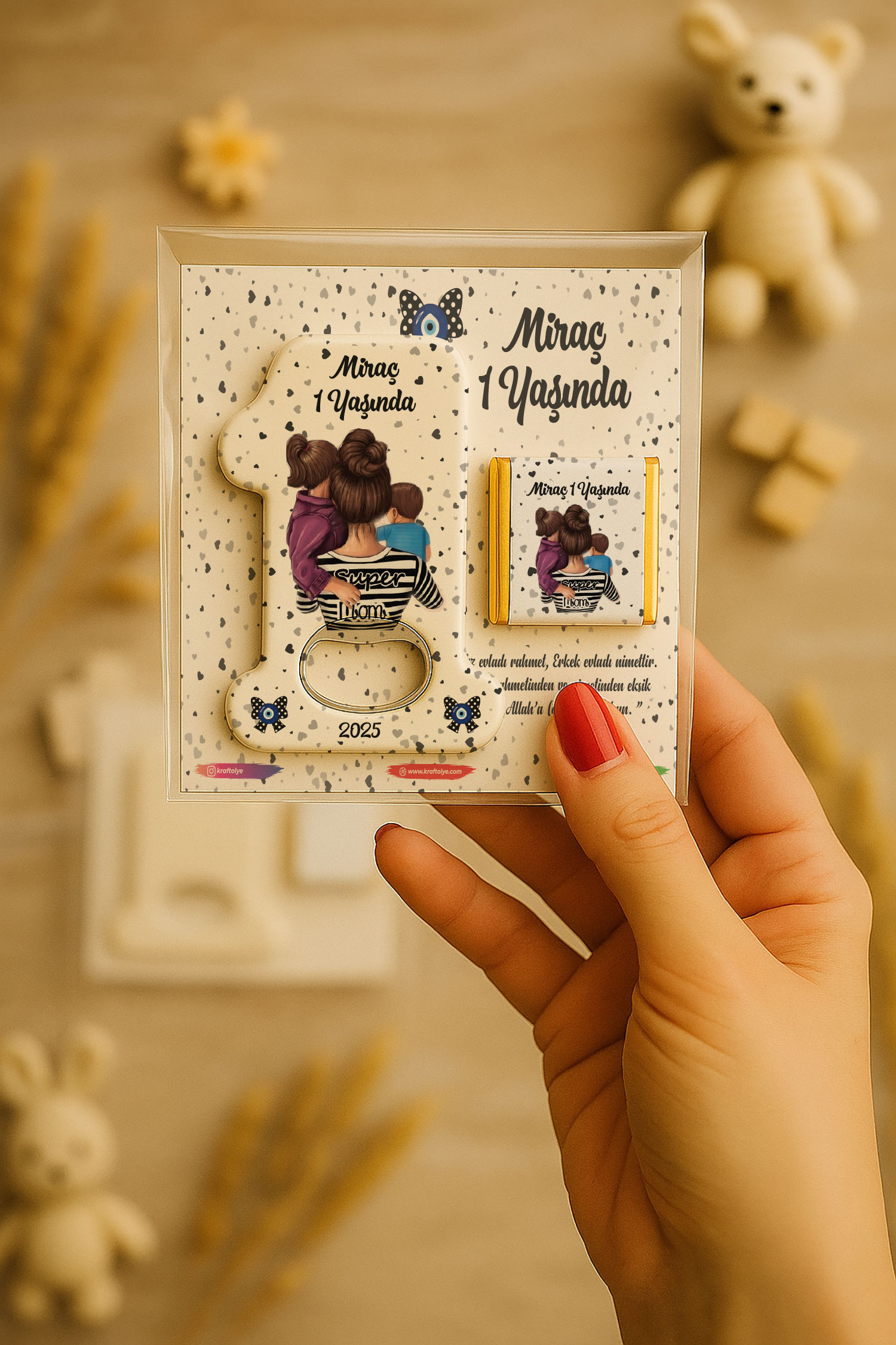 Anne Bebek Temalı Çikolatalı 1 Yaş Açacak Magnet