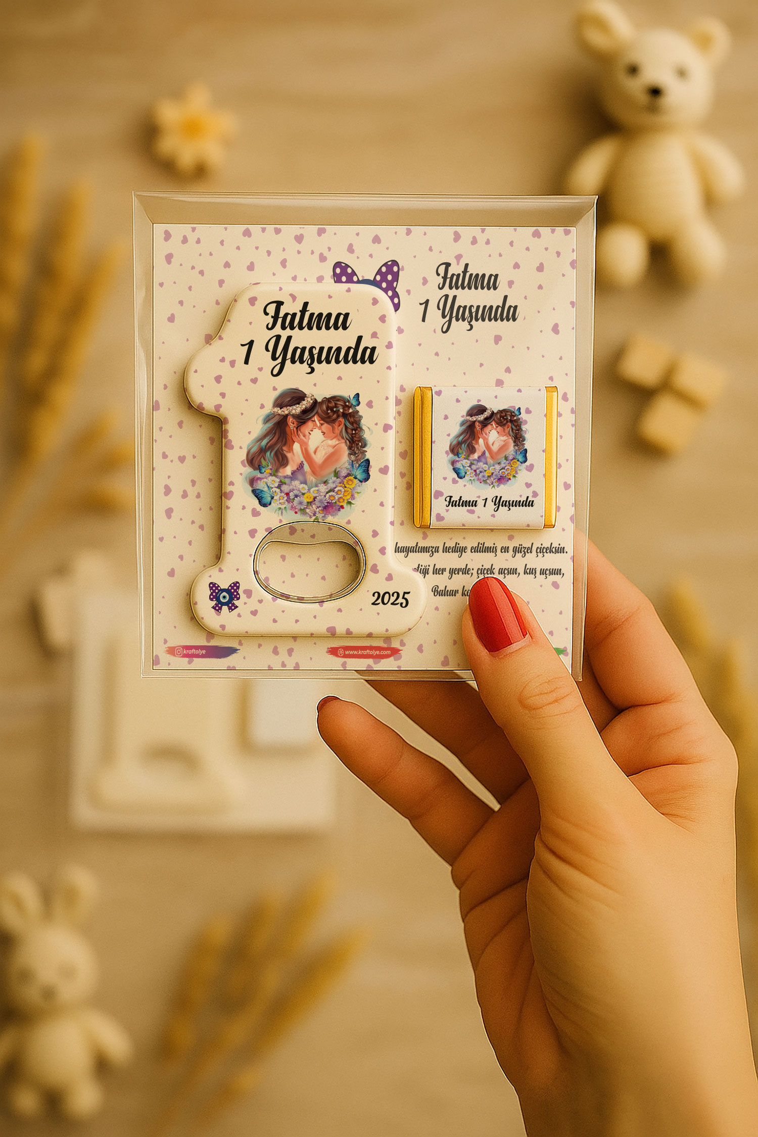 Anne Bebek Temalı Çikolatalı 1 Yaş Açacak Magnet