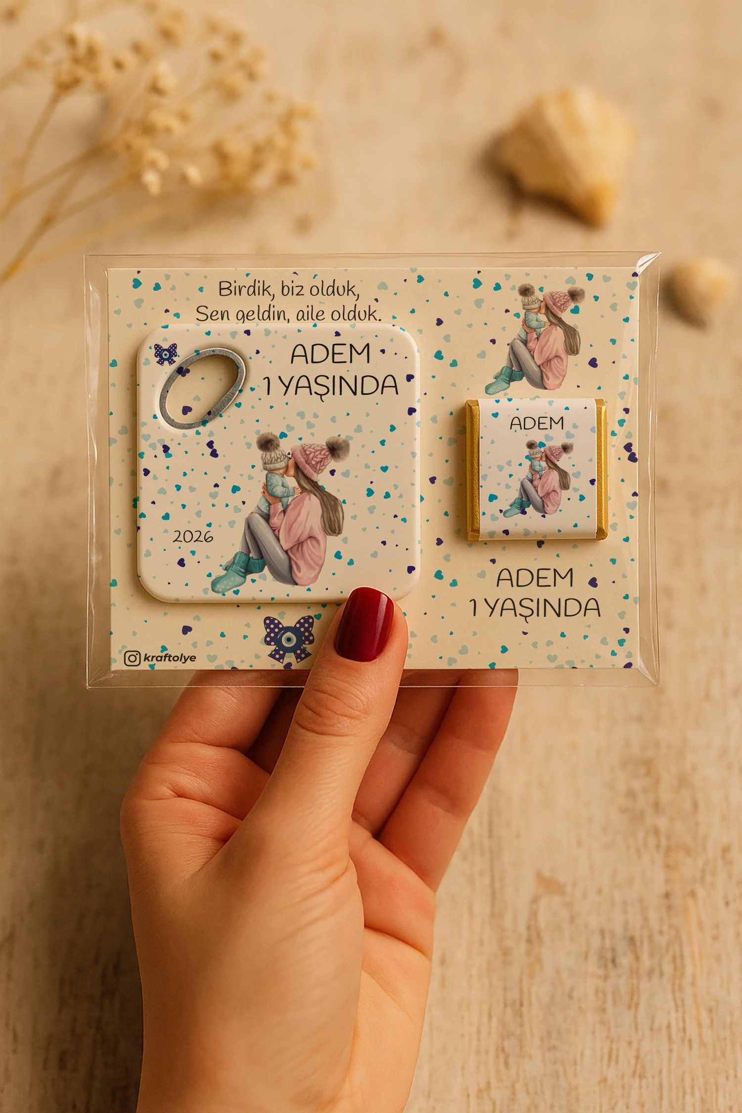 Anne Bebek Temalı Çikolatalı Kare Açacak Magnet