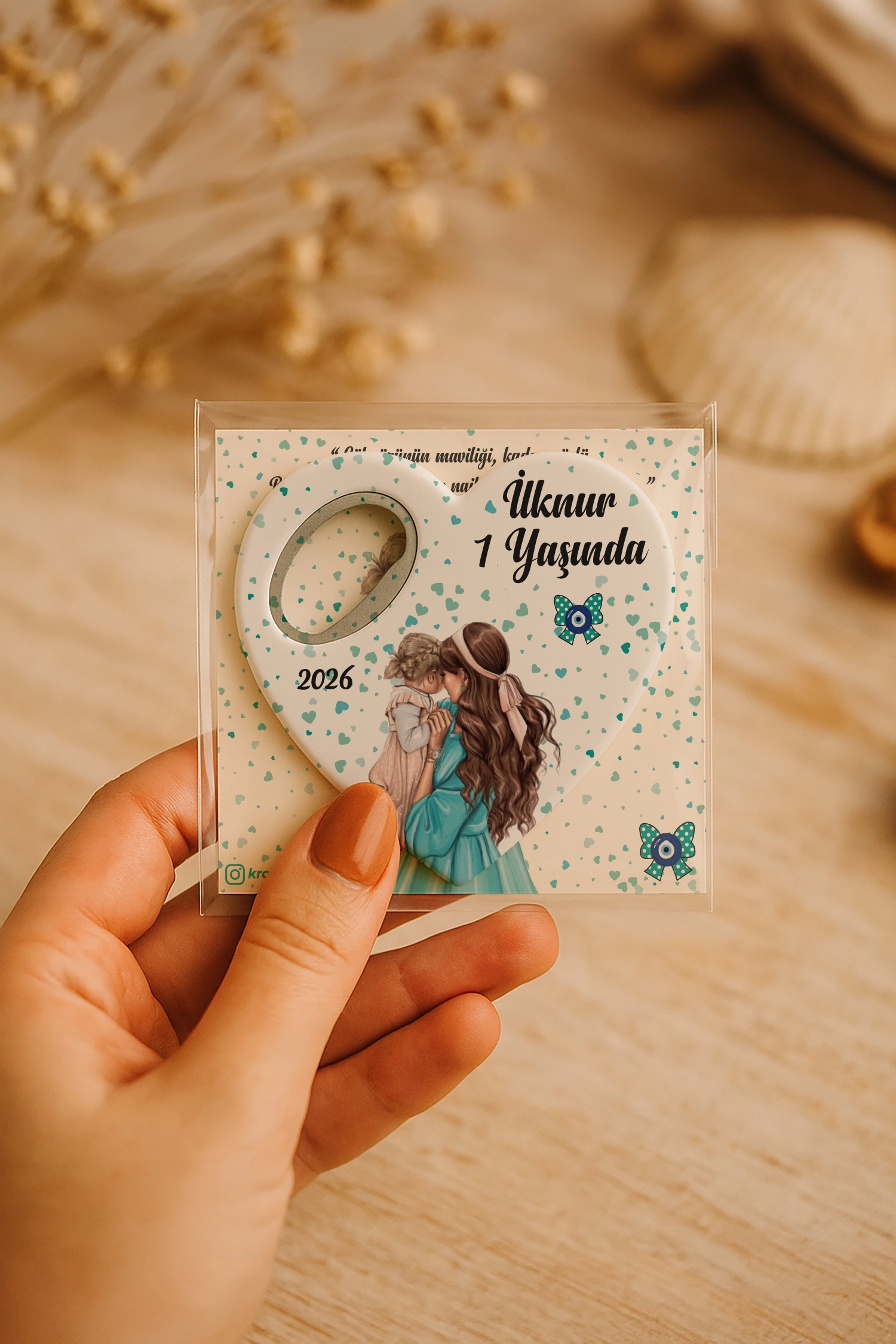 Anne Bebek Temalı Kartlı Kalp Açacak Magnet