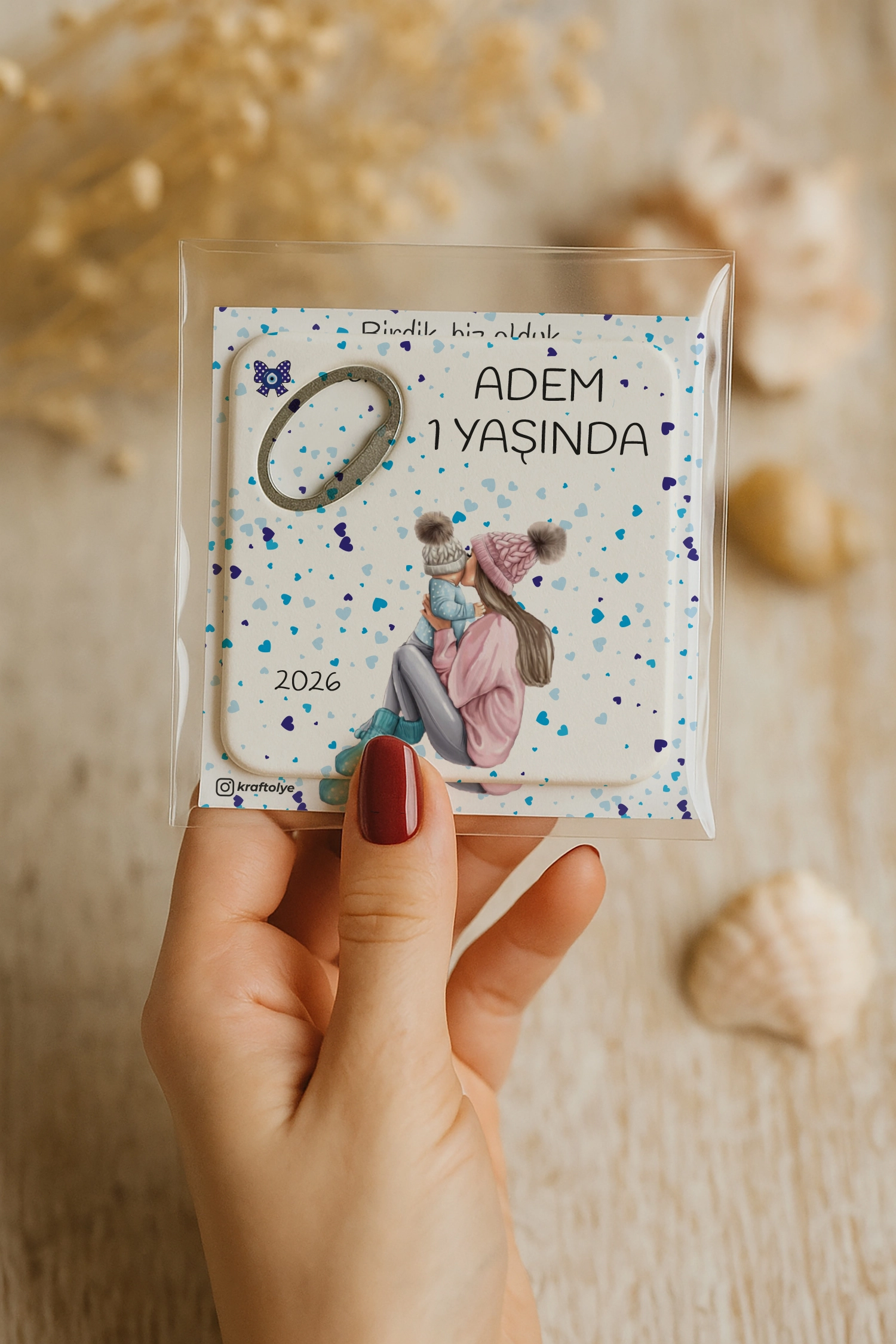 Anne Bebek Temalı Kartlı Kare Açacak Magnet