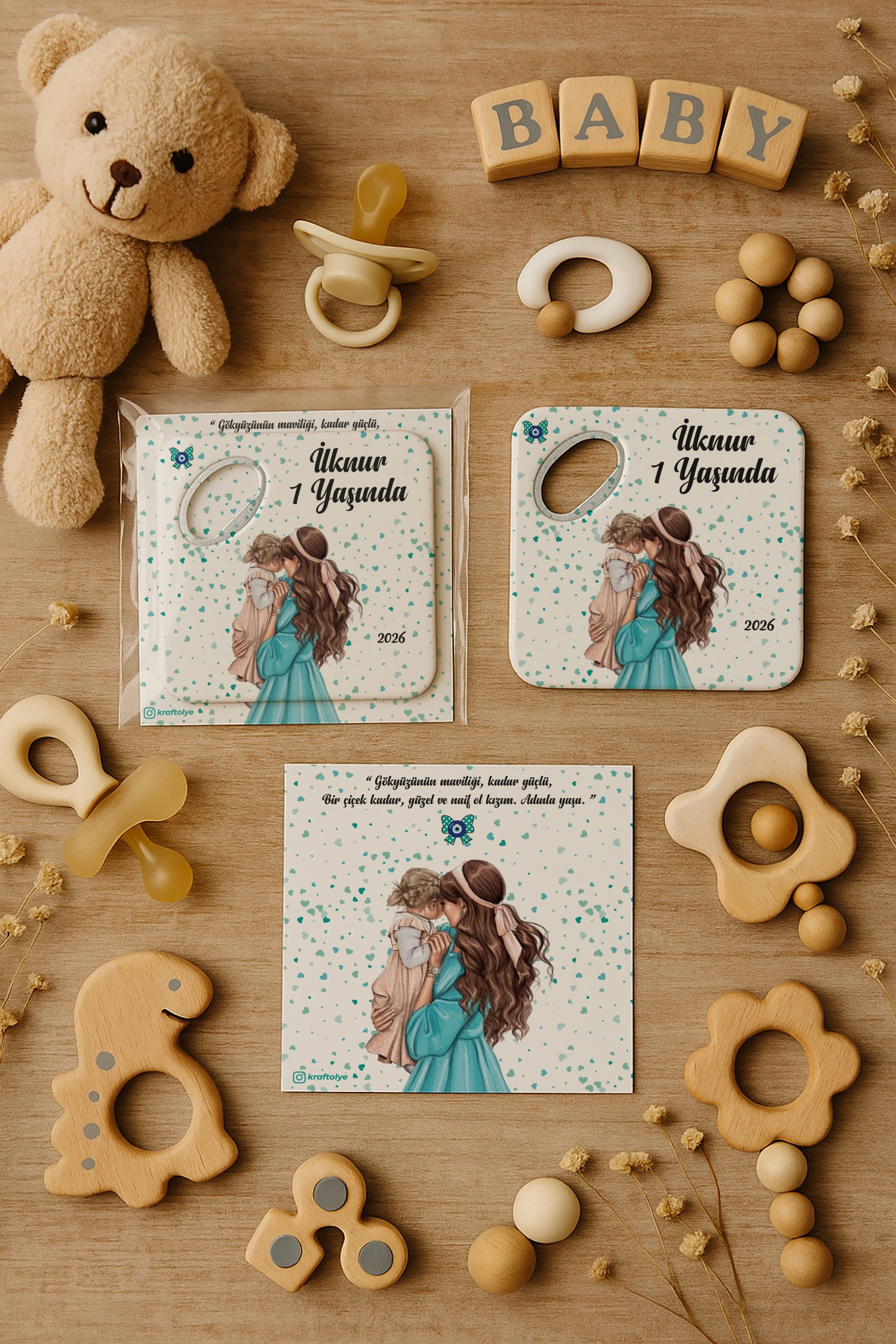 Anne Bebek Temalı Kartlı Kare Açacak Magnet
