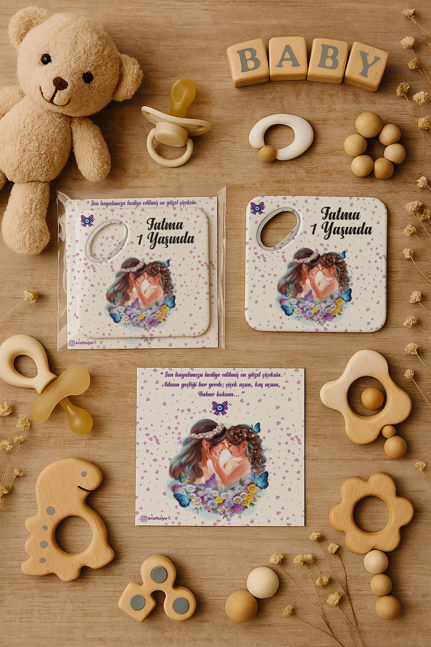 Anne Bebek Temalı Kartlı Kare Açacak Magnet
