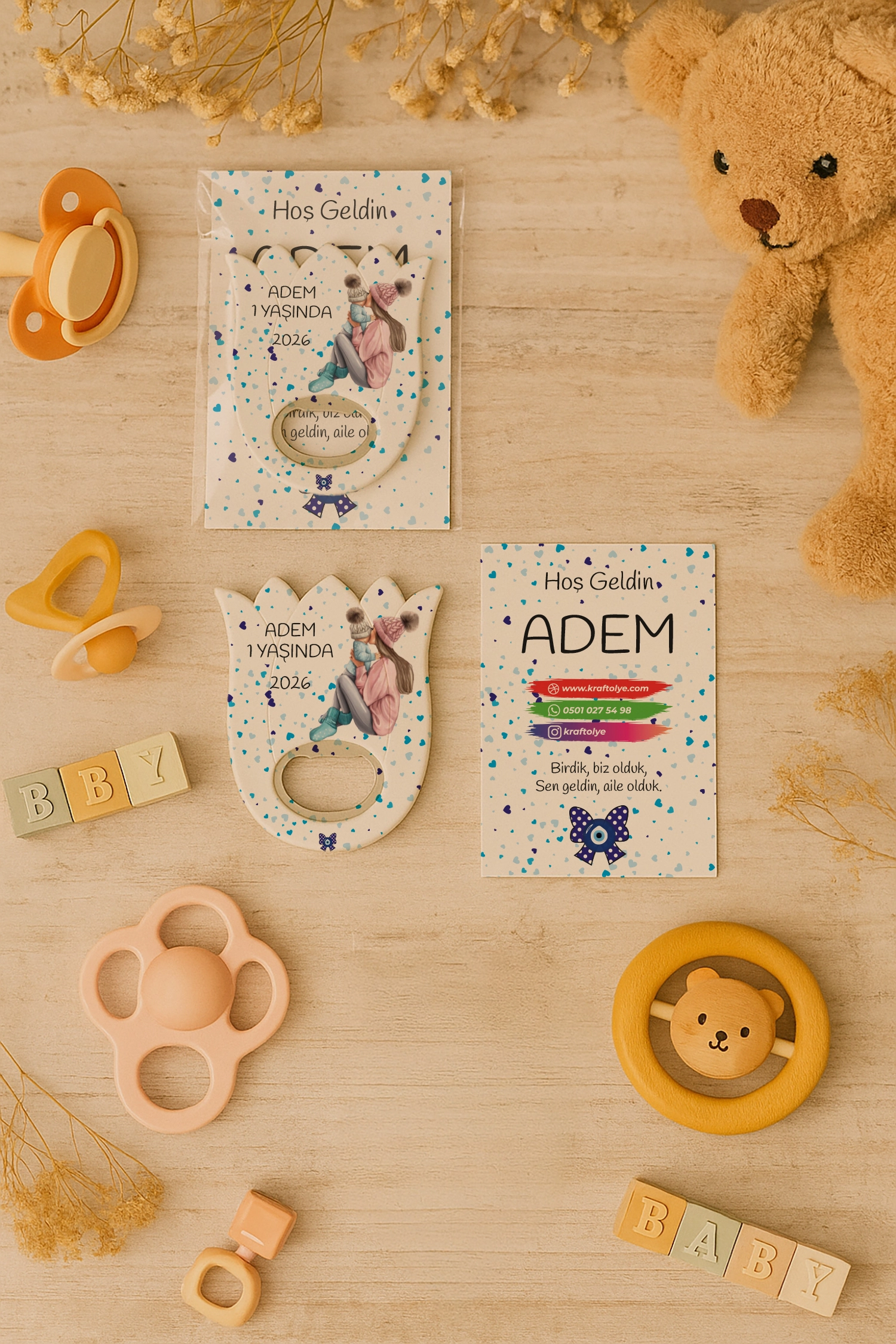 Anne Bebek Temalı Kartlı Lale Açacak Magnet