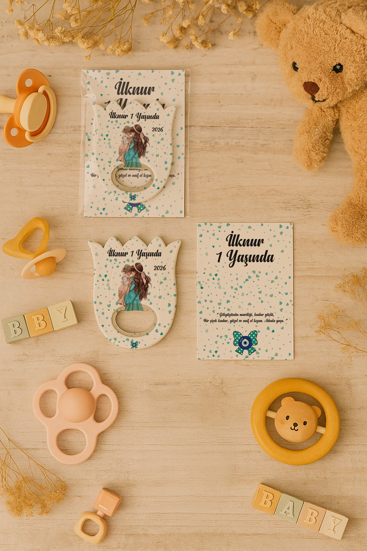 Anne Bebek Temalı Kartlı Lale Açacak Magnet
