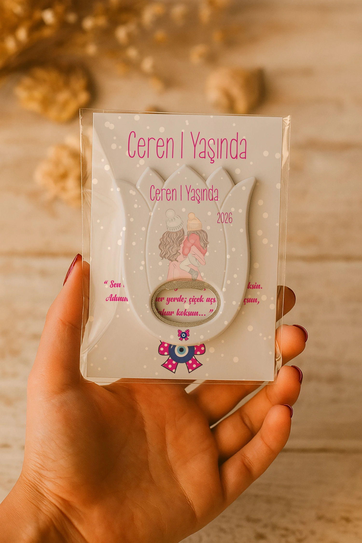 Anne Bebek Temalı Kartlı Lale Açacak Magnet