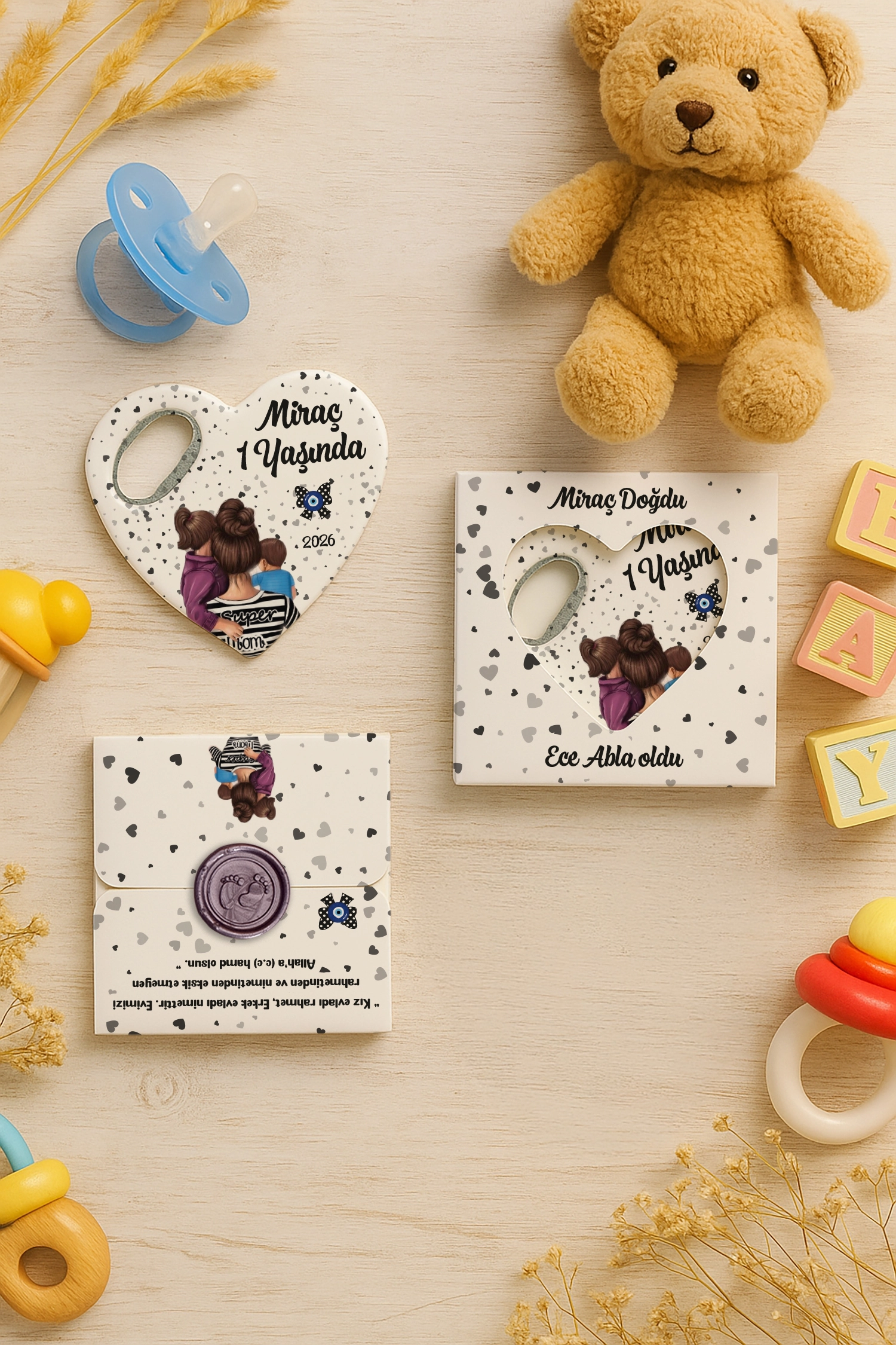 Anne Bebek Temalı Mühürlü Kalp Açacak Magnet