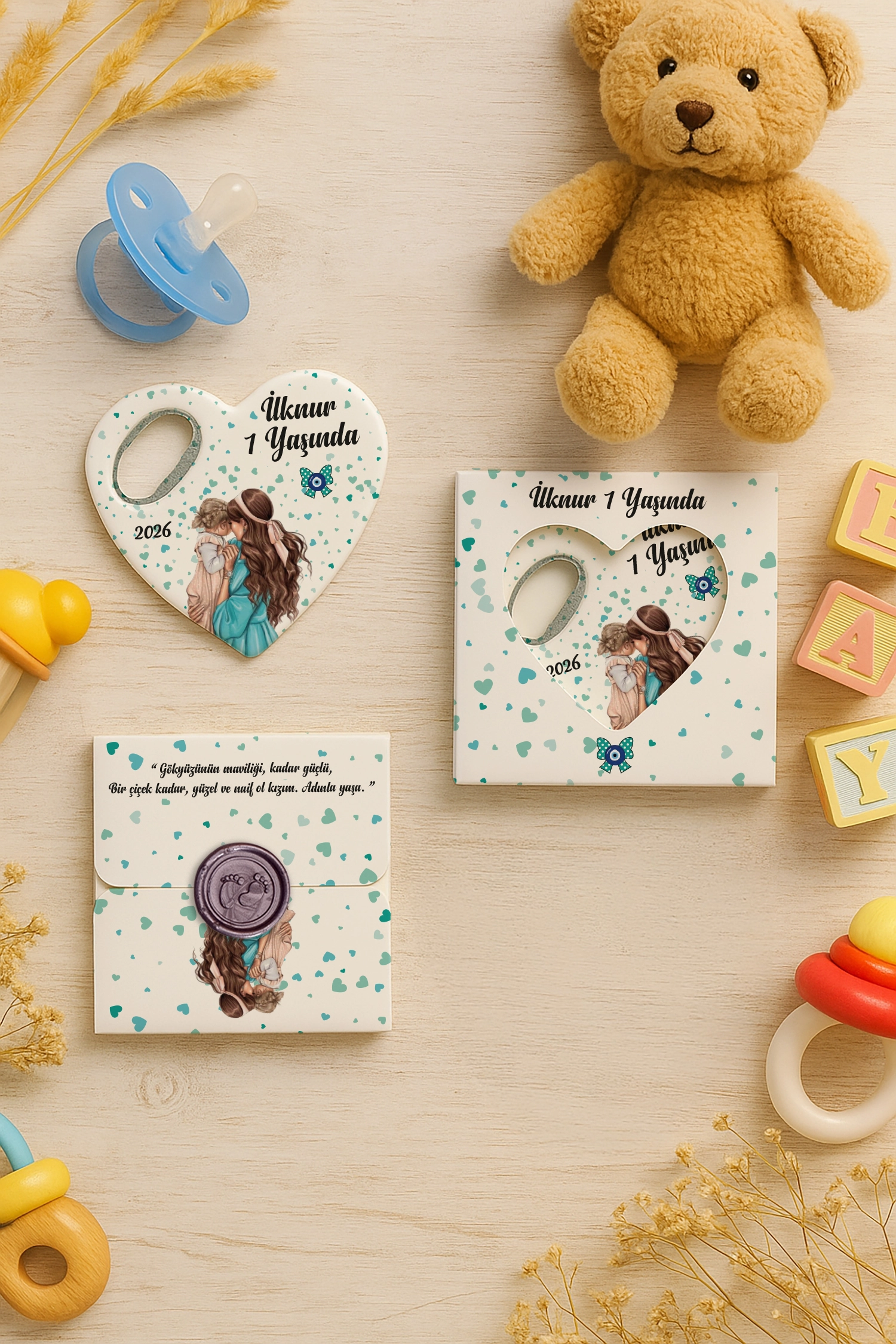 Anne Bebek Temalı Mühürlü Kalp Açacak Magnet