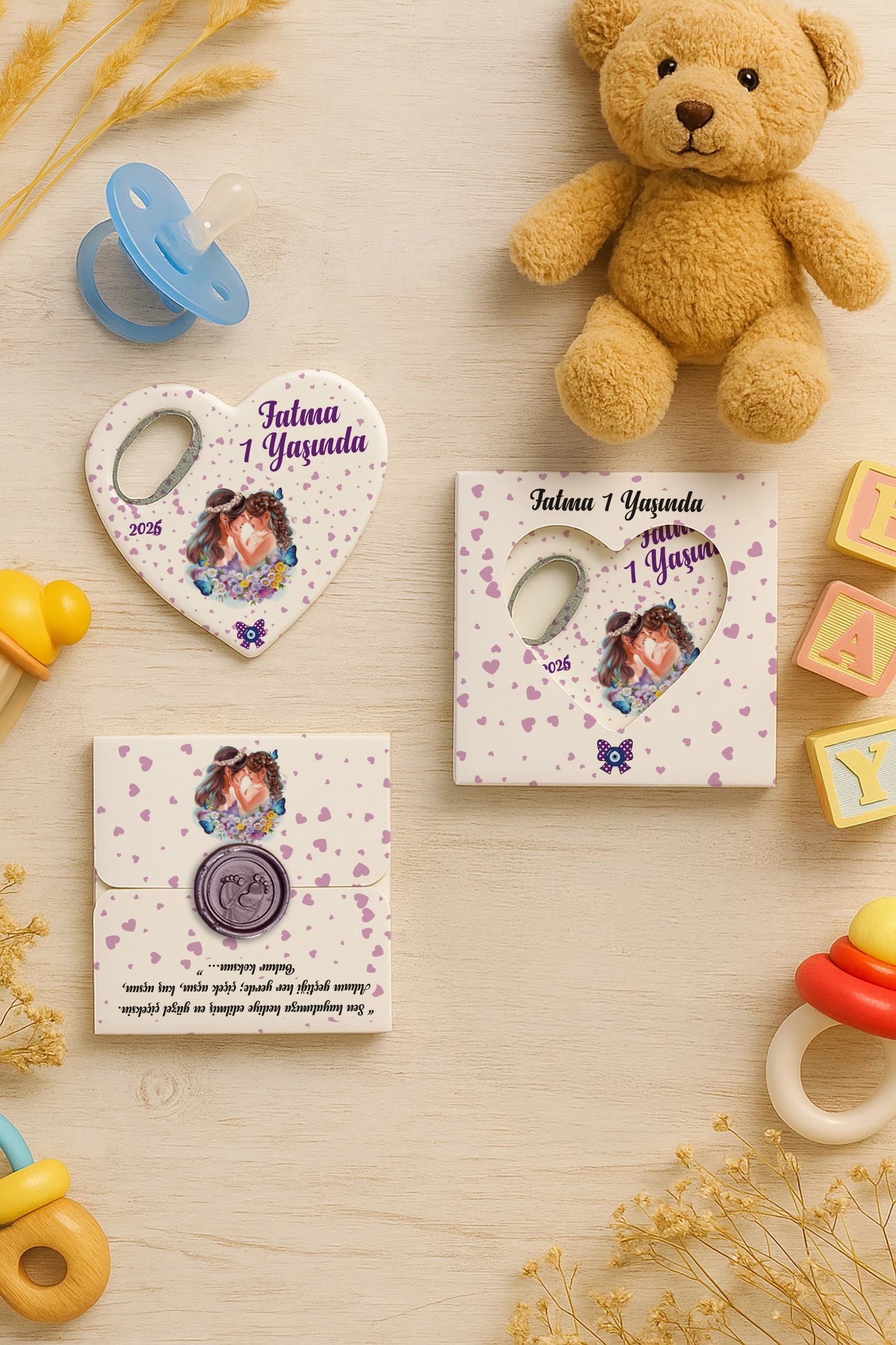 Anne Bebek Temalı Mühürlü Kalp Açacak Magnet