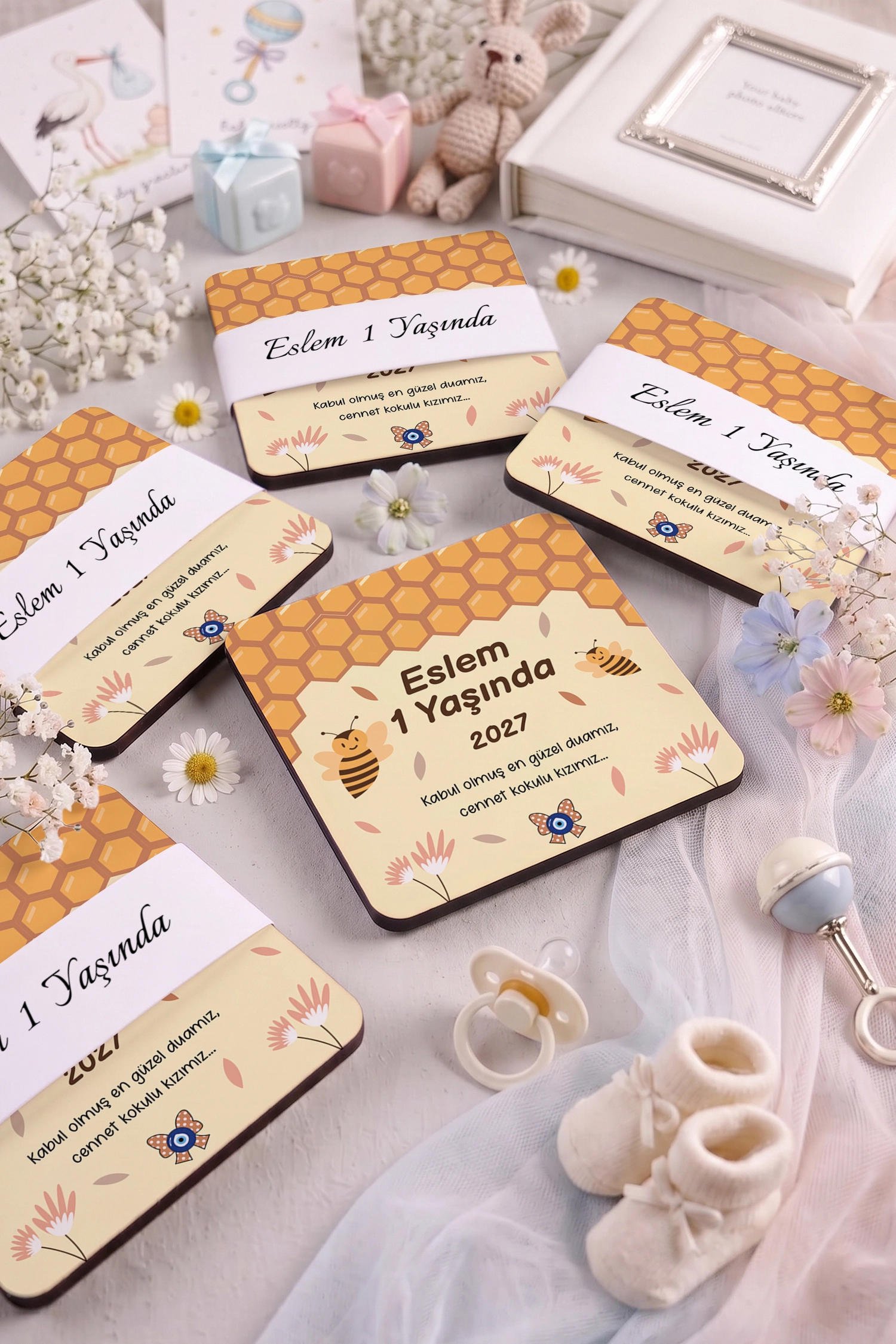 Arı Temalı Ahşap Bardak Altlığı