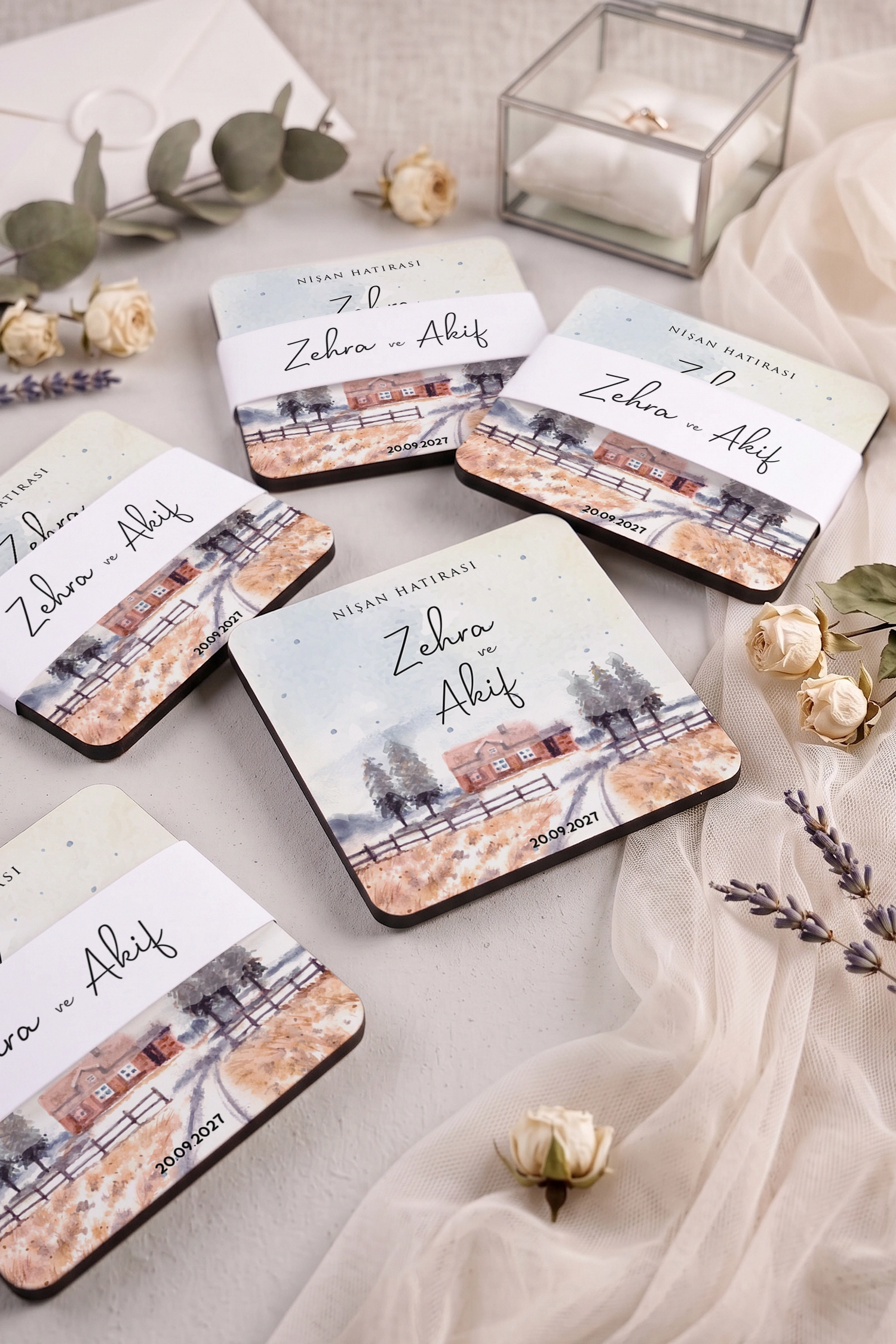 Çitli Köy Evi Manzarası Tasarımlı Ahşap Bardak Altlığı