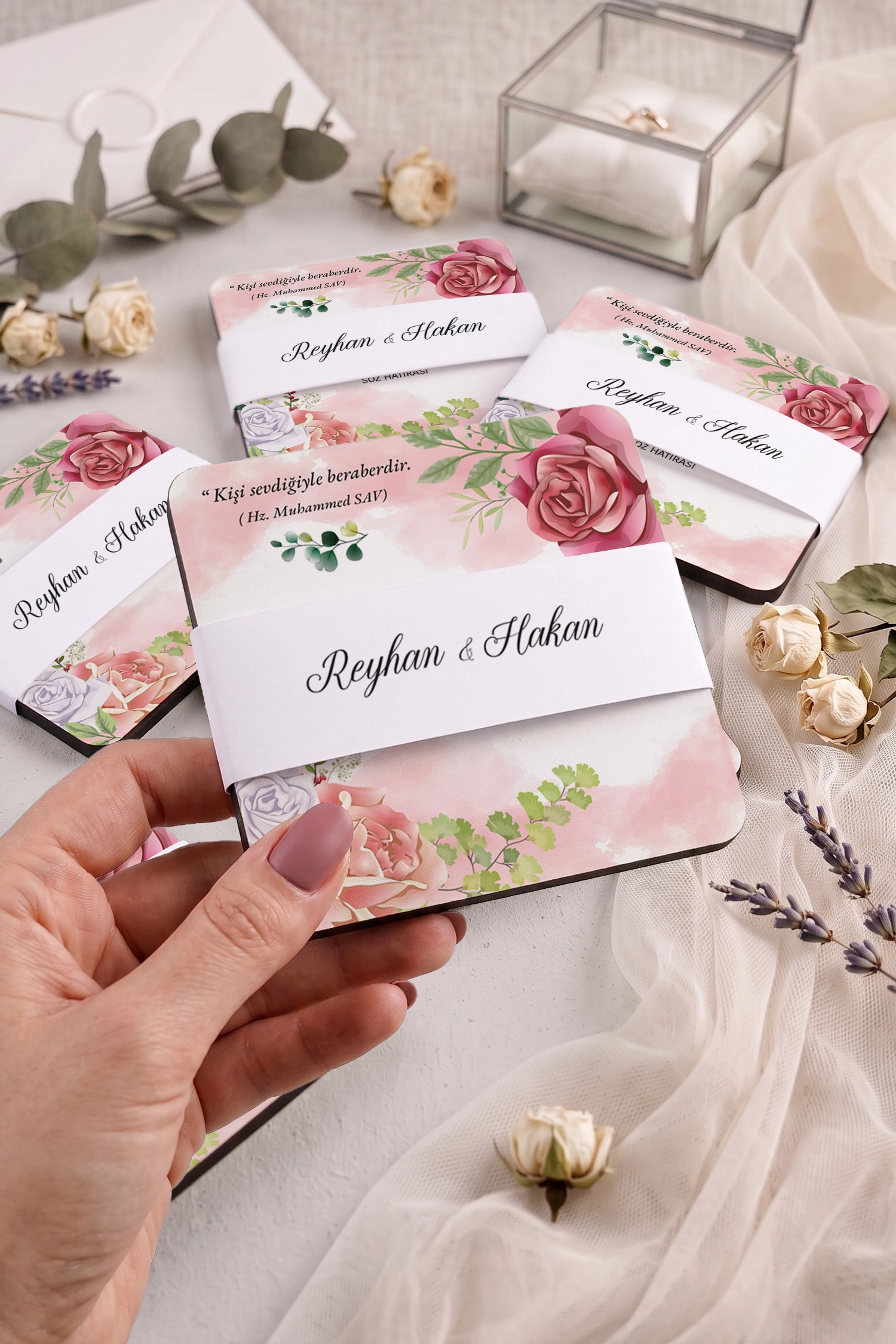 Gül & Okaliptüs Tasarımlı Ahşap Bardak Altlığı
