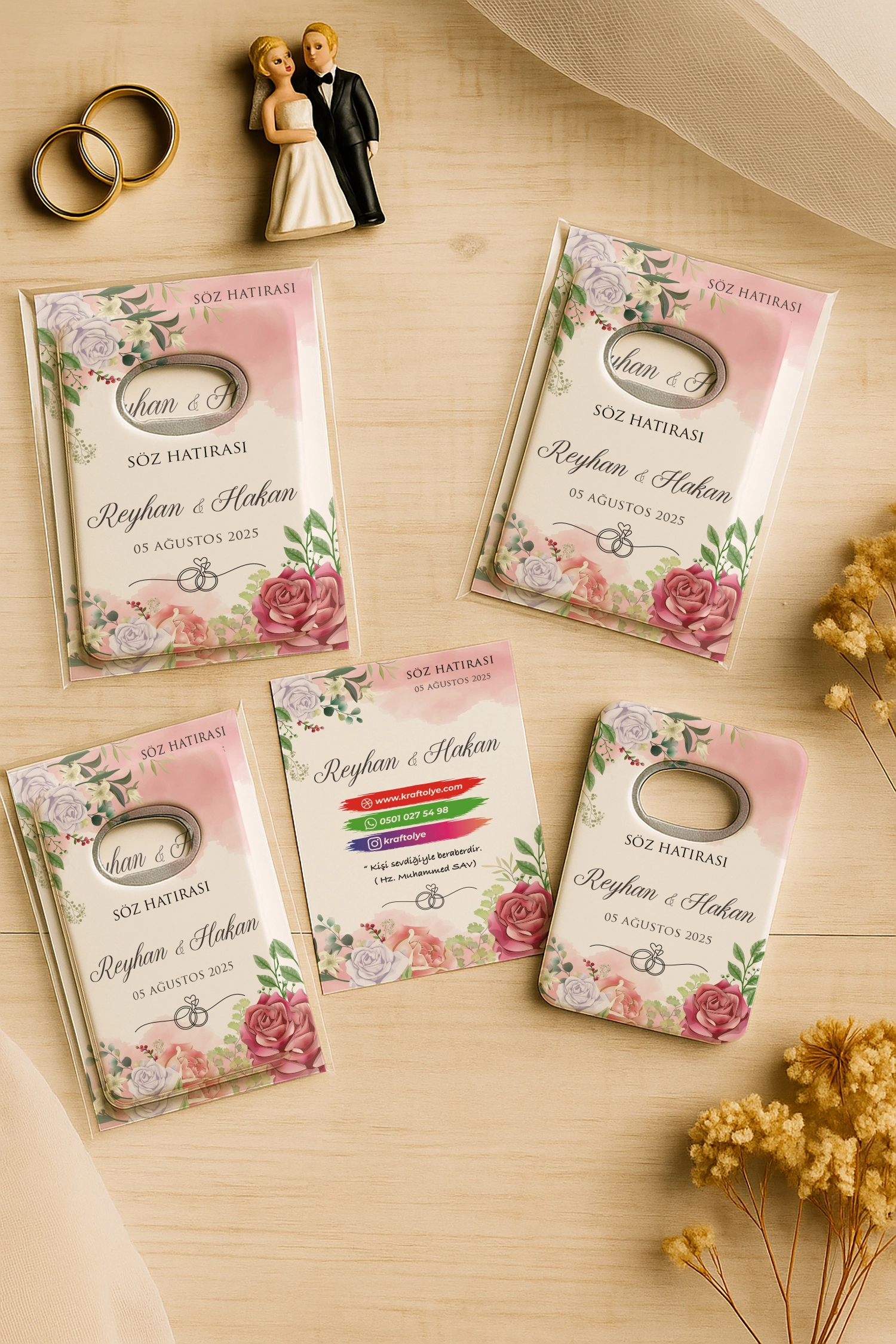 Nişan Nikah Düğün Hatırası Kartlı Açacak Magnet
