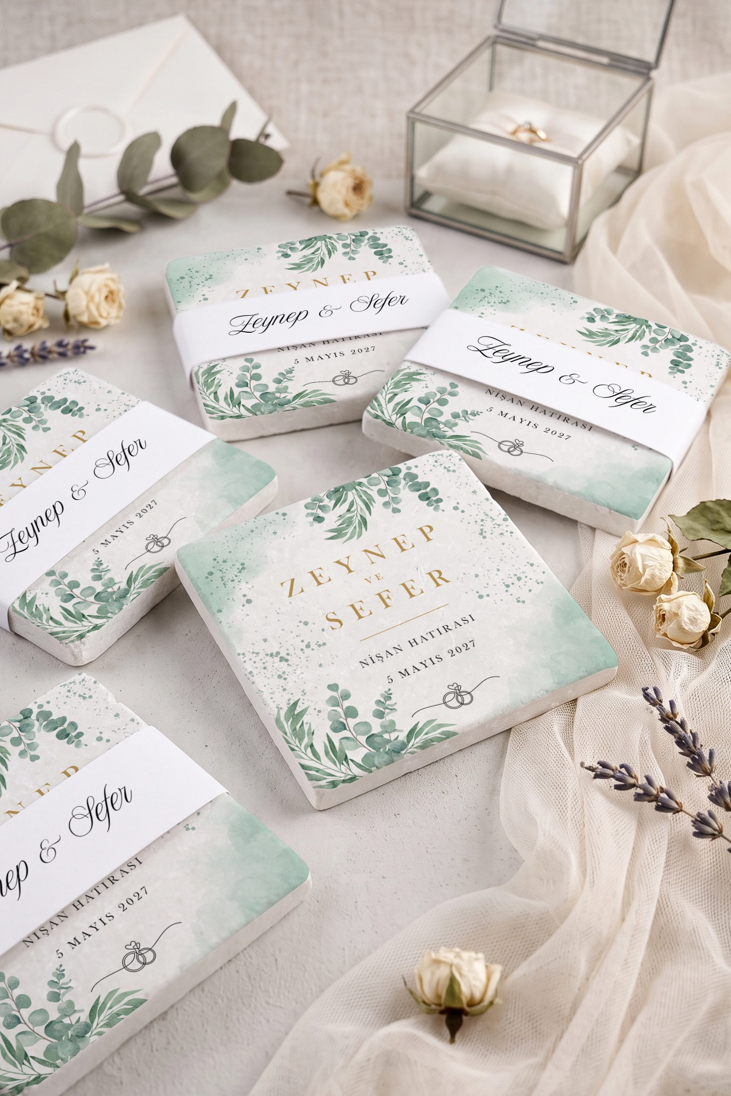 Okaliptüs Tasarımlı Taş Bardak Altlığı