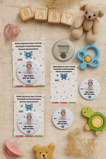 Özel Baskılı Jelatin Kartlı Yuvarlak Açacak Magnet | Baby Shower & Yeni Doğan Hediyesi