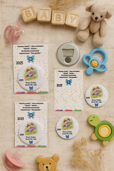 Özel Baskılı Jelatin Kartlı Yuvarlak Açacak Magnet | Baby Shower & Yeni Doğan Hediyesi