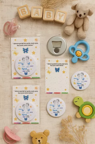 Özel Baskılı Jelatin Kartlı Yuvarlak Açacak Magnet | Baby Shower & Yeni Doğan Hediyesi