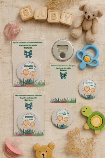 Özel Baskılı Jelatin Kartlı Yuvarlak Açacak Magnet | Baby Shower & Yeni Doğan Hediyesi