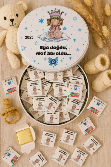 Metal Kutuda Karton Kutulu Madlen Çikolata | Yeni Doğan, Baby Shower, Doğum Günü, Diş Buğdayı Hediyesi