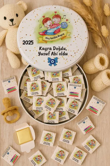 Metal Kutuda Karton Kutulu Madlen Çikolata | Yeni Doğan, Baby Shower, Doğum Günü, Diş Buğdayı Hediyesi
