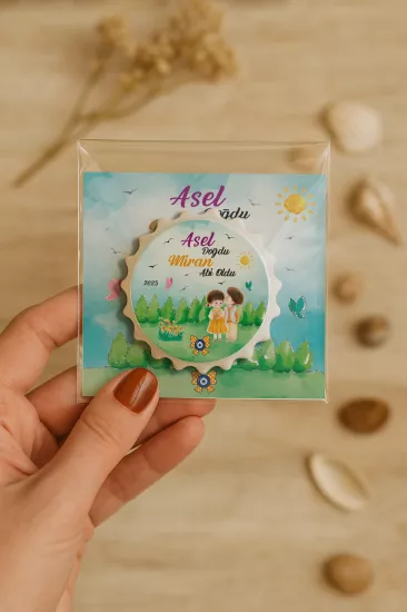 Kişiye Özel Kartlı Kapak Şekilli Açacak Magnet | Yeni Doğan & Özel Gün Hediyelikleri