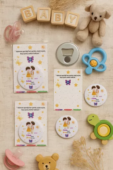 Özel Baskılı Jelatin Kartlı Yuvarlak Açacak Magnet | Baby Shower & Yeni Doğan Hediyesi