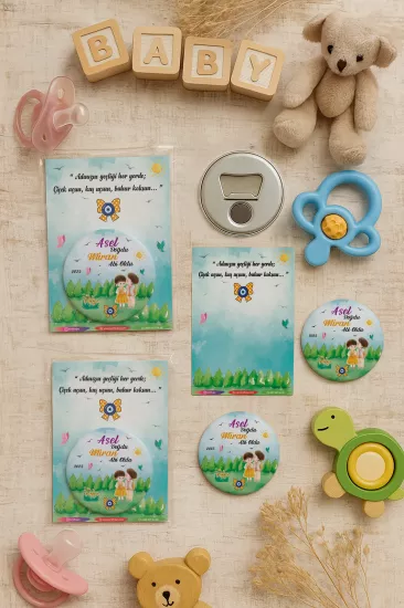 Özel Baskılı Jelatin Kartlı Yuvarlak Açacak Magnet | Baby Shower & Yeni Doğan Hediyesi