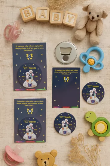 Özel Baskılı Jelatin Kartlı Yuvarlak Açacak Magnet | Baby Shower & Yeni Doğan Hediyesi