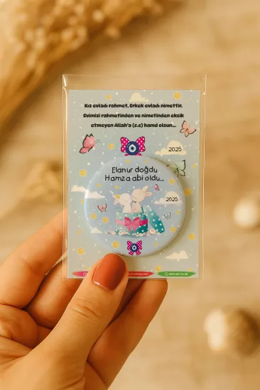 Özel Baskılı Jelatin Kartlı Yuvarlak Açacak Magnet | Baby Shower & Yeni Doğan Hediyesi