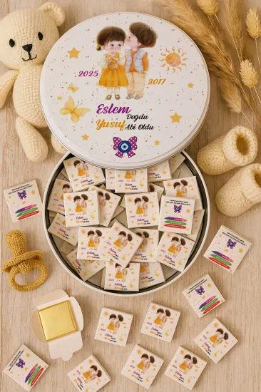 Metal Kutuda Karton Kutulu Madlen Çikolata | Yeni Doğan, Baby Shower, Doğum Günü, Diş Buğdayı Hediyesi