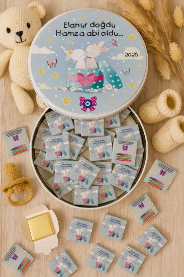 Metal Kutuda Karton Kutulu Madlen Çikolata | Yeni Doğan, Baby Shower, Doğum Günü, Diş Buğdayı Hediyesi