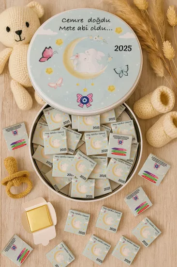 Metal Kutuda Karton Kutulu Madlen Çikolata | Yeni Doğan, Baby Shower, Doğum Günü, Diş Buğdayı Hediyesi