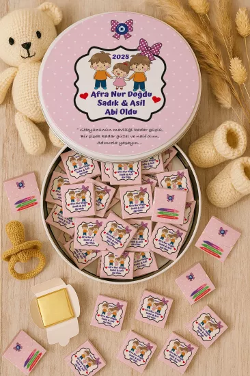 Metal Kutuda Karton Kutulu Madlen Çikolata | Yeni Doğan, Baby Shower, Doğum Günü, Diş Buğdayı Hediyesi