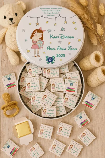 Metal Kutuda Karton Kutulu Madlen Çikolata | Yeni Doğan, Baby Shower, Doğum Günü, Diş Buğdayı Hediyesi