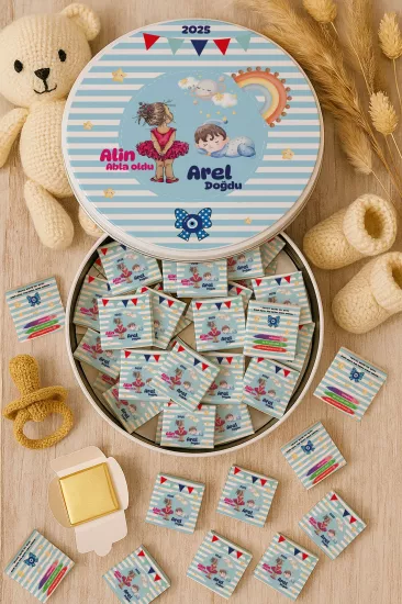 Metal Kutuda Karton Kutulu Madlen Çikolata | Yeni Doğan, Baby Shower, Doğum Günü, Diş Buğdayı Hediyesi